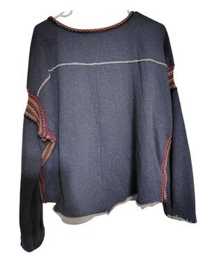 Natural Life L/XL Boho Gray Sweatshirt Multi-Color Sleeve Sides Raw Hem Oversize